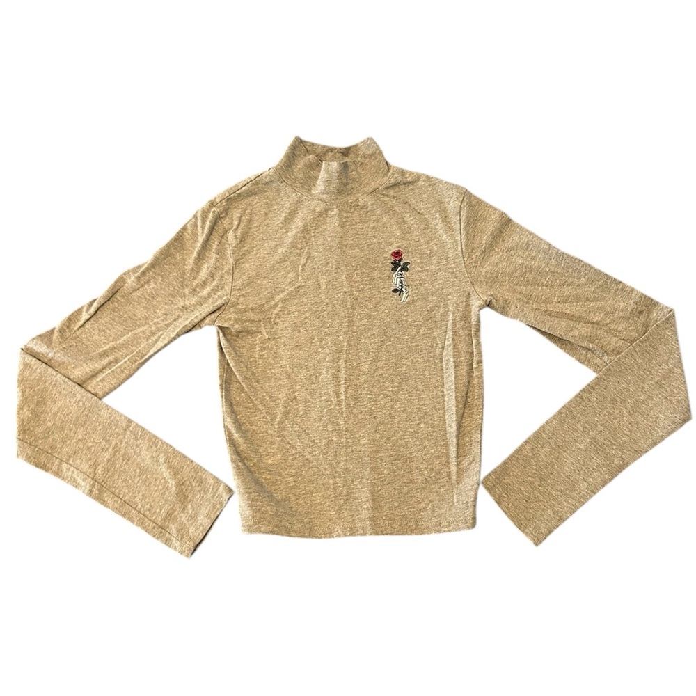 Empyre Rose Skeleton Embroidered Mock Neck Long Sleeve Crop Top